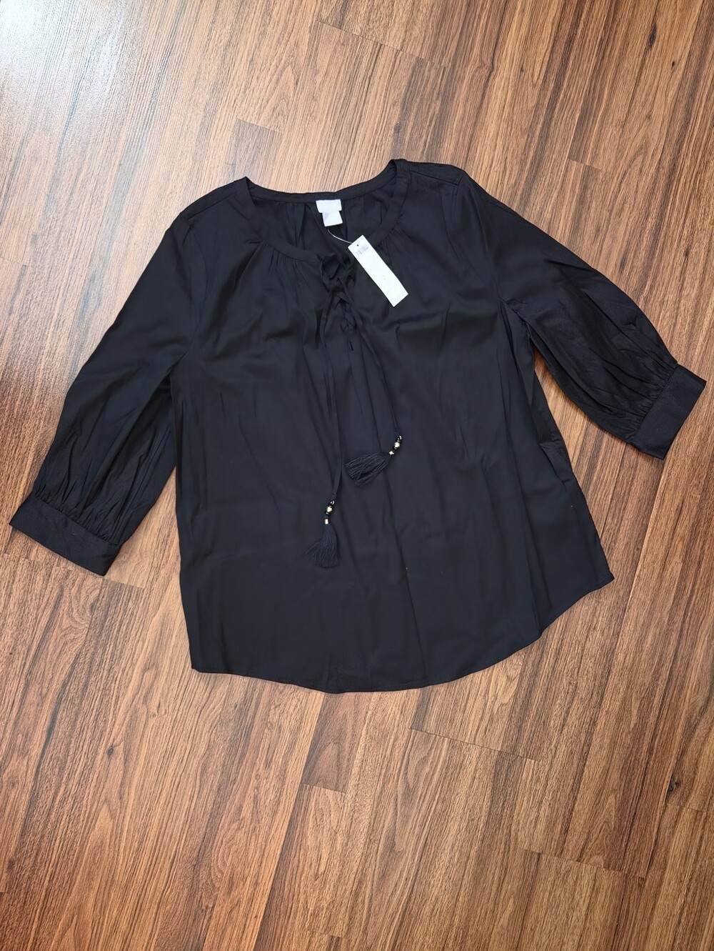 Chico's Black Tassel Tie Peasant Blouse